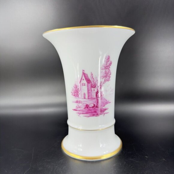 1975 Hochst German Vase Magenta House Church with Gold Trim Germany Porcelain - Picture 13 of 16